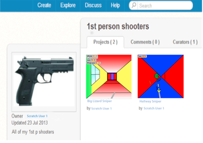 An image of a realistic gun in a Scratch game produced by a child.