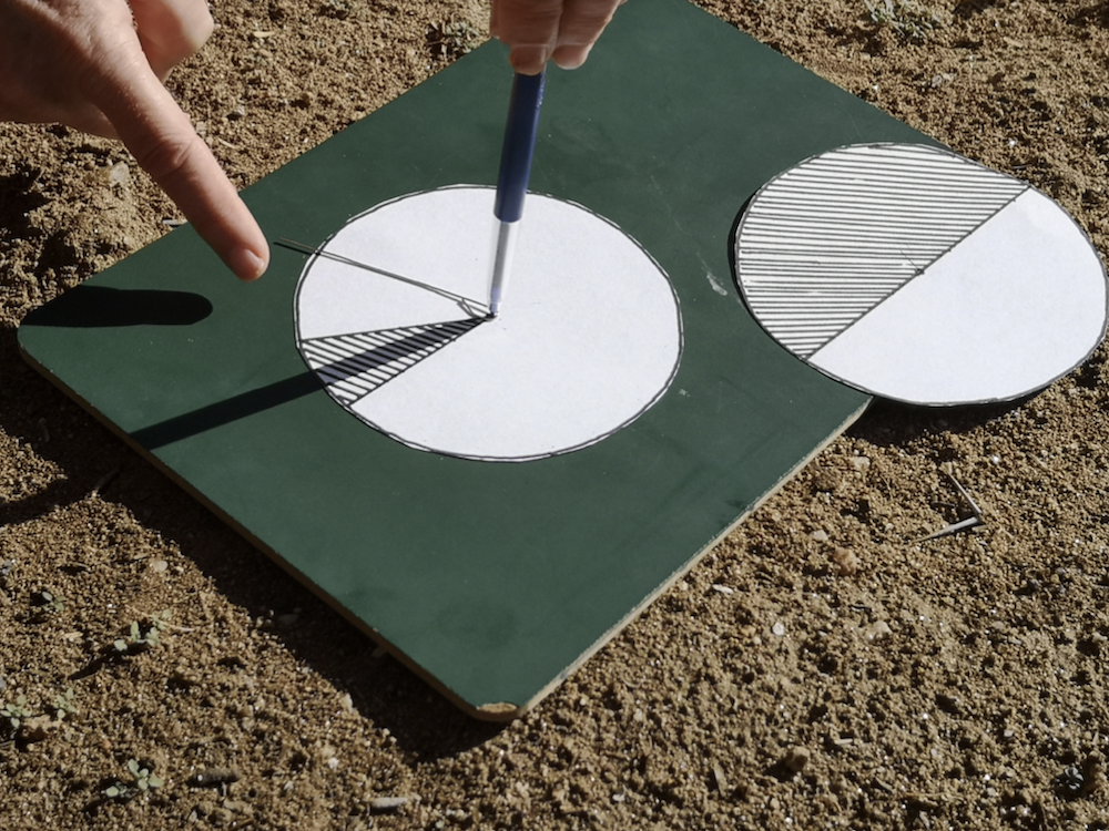 Two circular pieces of paper on a piece of carboard resting on dirt surface. Each piece of paper is divided into two slice-shaped segments of different sizes. The tip of a pen is pressed into the centre of one circle, stick through a straightened-out paper clip. A finger is next to the paper clip, about to flick it around the pen.