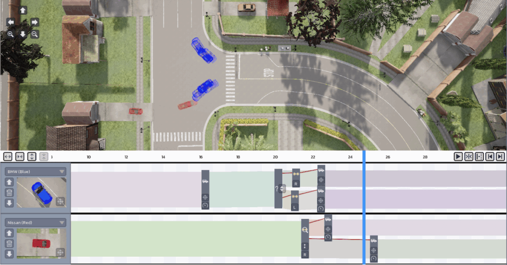 Screenshot of the Multiverse Explorer. The upper part of the display shows an aerial view of a road junction, with multiple semi-transparent copies of two cars turning through an intersection. One car is red and the other blue. The lower part of the display includes two horizontal bands, one with a thumbnail of the blue car at the left and the other with the red car at the left. Each band has a timeline running left to right, with branches in this timeline at decision points.